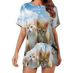 Zon en katten mode 2 stuks dames pyjama sets korte mouw nachtkleding zachte loungewear stijl-33