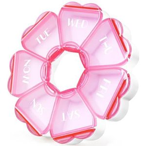 FHORAIN Wekelijkse pillendoos in bloemvorm, 7 vakken, schattig, rond, organizer voor visolie voor medicijnen en vitaminen (EN-lichtroze)