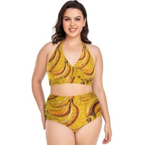 Tropische Banaan Vruchten Oranje Vrouwen Bikini Sets Plus Size Badpak Twee Stukken Hoge Taille Strandkleding Meisjes Badpakken, Pop Fashon, 4XL