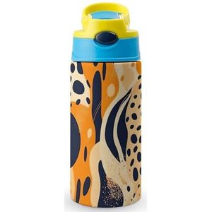 Roestvrijstalen reisbeker waterfles oranje en donkerblauw bedrukt vacuüm geïsoleerde waterfles - 12 oz - met rietje handvat en lekvrije pop-up tuit deksel