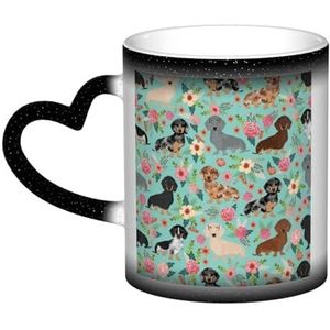 Teckel Hond Bloemen Print, Keramiek Mok Warmtegevoelige Kleur Veranderende Mok in De Hemel Koffie Mokken Keramische Cup 330ml