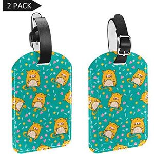 PU lederen bagagelabels naam ID-labels voor reistas bagage koffer met rug Privacy Cover 2 Pack,Geel kat bloemenpatroon