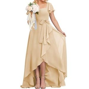 High-Low Prinses Bruidsmeisjesjurken Vierkante Hals Galajurk Chiffon Formele Avondfeestjurk met Mouwen, Champagne, 32