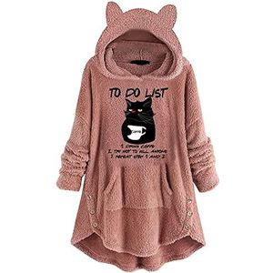 Hoodies dames schattige bovendelen Kawaii karikatuur pluche mantel herfst en winter pullover coats trui tops oversize bontjas capuchon mantel winter kat print, roze, Medium,