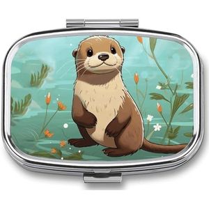 Cartoon schattige otter pillenetui met 2 compartimenten, pillenorganizer, draagbare vierkante pillendoos, vitaminepillenorganizer voor zakportemonnee en reizen