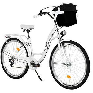 MILORD. 26 inch 7 versnellingen wit comfort fiets met mand en rugdrager, Hollandse fiets, damesfiets, stadsfiets, stadsfiets, retro, vintage