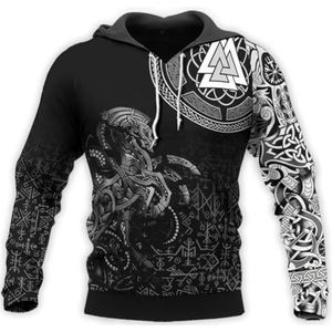 Viking Valknut Thor's Hammer Sweatshirt, Noorse Mythologie 3D Digitaal Gedrukt Vegvisir Unisex Casual Harajuku Hoodie, Herfst Sweatshirt met Trekkoord met Lange Mouwen(Color:Viking horse B,Size:4XL)