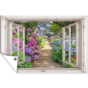 Tuinposter - 90x60 cm - Hortensia - Doorkijk - Bloemen - Zomer - Paars - Pad