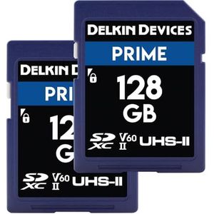 Delkin PRIME 128GB 2PK SD-kaart voor digitale camera, SDXC UHS-II (U3/V60) - SD-kaart met hoog uithoudingsvermogen, 8K, 4K, Full HD, RAW Burst, DSLR SD-geheugenkaart 128 GB