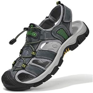 Heren grote maat gesloten teen sandalen, mode echt lederen wandelsandalen, holle backpacken strandschoenen, Grijs, 44 EU