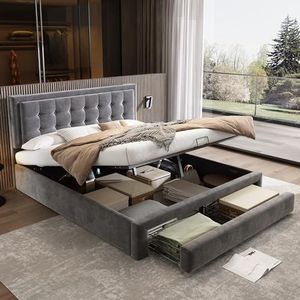 Aunvla Bed met lade en laden, fluweel, gestoffeerd bed, lattenbodem, tweepersoonsbed, grote opbergruimte, 160 x 200, grijs