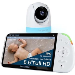 Babysense Full HD split-screen-babyfoon met 1 camera, nachtlampje in 6 kleuren, geluids- en lichtmachine, 20 uur batterij, luisterveilige verbinding zonder wifi
