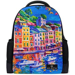 My Daily Italië Huis Boot Zee Olieverfschilderij Rugzak 14 Inch Laptop Daypack Boekentas voor Reizen College School, Meerkleurig, One Size