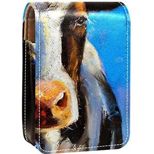 Draagbare Lipstick Case voor op reis, Mini Lipstick Opbergdoos met spiegel voor vrouwen dames, Lederen Cosmetische Pouch Leuke Grappige Koe Olieverf Farm Animal, Meerkleurig, 9.5x2x7 cm/3.7x0.8x2.7 in