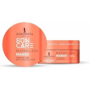 Afrodita Cosmetics Marmelada Mango bruiningsversneller, veganistische tanning jam met gouden glitter voor snelle natuurlijke bruining, waterdicht met wortelextract, cacao- en sheaboter, 200 ml