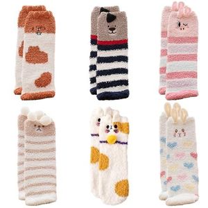 MAXQUU 6 paar pluche sokken met cartoon dieren, wollige dames, kinderpanty's, bedsokken, pluche pluizige sokken voor dames en kinderen (6 stijlen), roze, 12 Jaar