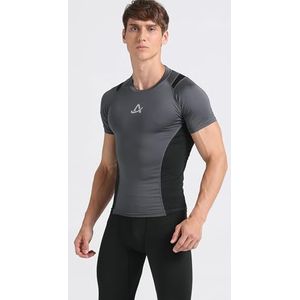AMZSPORT Heren Sport Compressie Shirt Korte Mouw Koel Droog, Grijs Zwart S