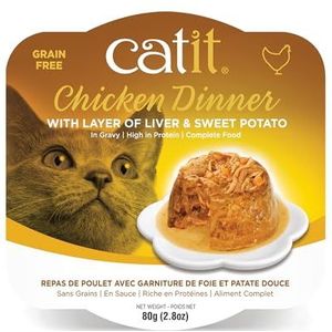 Catit Kippenvlees Dinner, premium natvoer voor katten, graanvrij, eiwitrijk, met kippenlever en zoete aardappelen, compleet voer, per stuk, 80 g