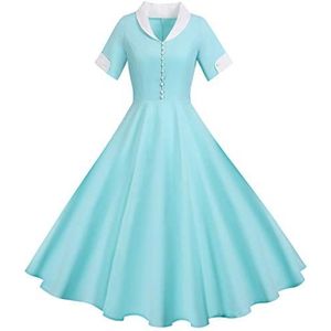 INLLADDY Rockabilly jurk voor dames, knielang, jaren 50, vintage, retro, V-hals, plooirok, cocktailjurk, avondjurk, muntgroen, M