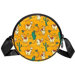 Ronde Crossbody Tas Geel Alpaca Cactus Leuke Cartoon Llama Messenger Bag Purse voor Vrouwen, Meerkleurig, 6.7x6.7x2.3 in, Sling Rugzakken