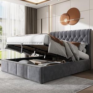 Aunvla Gestoffeerd bed, hydraulische hendel, functioneel bed van opslag, klinknagelversiering, 180 x 200 cm, zonder matras, fluweel, grijs