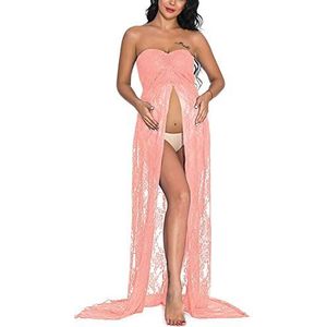JENJON Vrouwen Moederschap Jurk Strapless Kant Zwangere Fotografie Jurk Elegante Split Front Bruiloft Mouwloze Maxi Jurken, roze, M