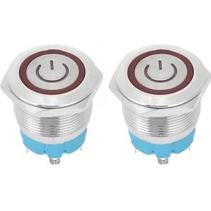 2 stuks Drukknopschakelaars Platte Kop met Automatische Omstelling IP65 220VAC 22mm 4-polige Schakelaar met Verlichte Drukknop Schakelaar (Kleur: Rood)