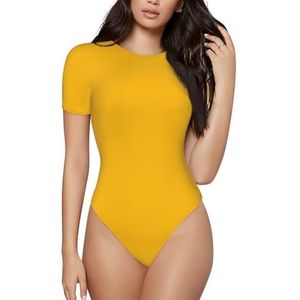 KHDKLXOHZ 3d Amber Geel Dames Bodysuits - Shapewear met korte mouwen, ronde hals body, stretchy basic T-shirt tops, casual slim comfortabele pasvorm turnpakje onesie, 3d, S