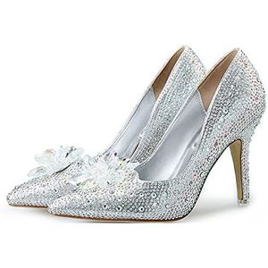 TABKER Sandalen met hak dames trouwschoenen hoge hakken strass dames hoge hakken luxe puntige teen lente zomer Assepoester schoenen kristal zilver (kleur: zilver, maat: 4,5 UK)
