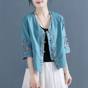 Retro Geborduurde Knoop Knoop Katoenen Shirt Dames Zomer Chinese Zen Tea Toga Losse Korte V-hals Top (Color : Blue, Size : XL)