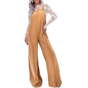 OHERUWKLS Dames Losse Mouwloze Retro Backless Gewassen Raw Edge Mode Jumpsuit Met Wijde Pijpen,Geel,L