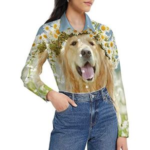 Golden Retriever Hond Mooie Krans Dames Shirt Lange Mouw Button Down Blouse Casual Werk Shirts Tops L