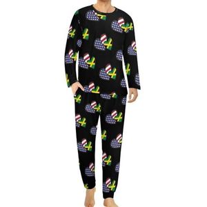 Interlocking Hearts Amerikaanse Jamaicaanse vlag comfortabele heren pyjama set ronde hals lange mouwen loungewear met zakken XL