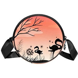 Ronde Crossbody Tas Messenger Bag Purse voor Vrouwen Silhouet Flamingo Field Zonsondergang, Meerkleurig, 6.7x6.7x2.3 in, Sling Rugzakken