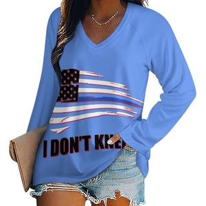 I Don't Kneel Blauwe Lijn Vlag Vrouwen Casual Lange Mouw T-shirts V-hals Gedrukt Grafische Blouses Tee Tops XL