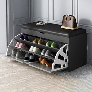 VDLLQYN, Met gewatteerde zitting en 3 opklapbare lades met opbergvak met opklapbaar bovenblad. Grijze schoenenrek-organizer for de gang van de slaapkamer. ，Schoenrek bank(Black,60x30x51cm)