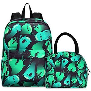 Groene spookziele boekentas, lunchpakket, schoudertas, rugzak, boekentas, kinderrugzak, geïsoleerde lunchbox-tas voor meisjes en jongens, Patroon., Medium