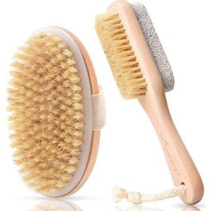 LAYUKI Lichaamsborstel voor droog of nat borstelen en 2-zijdige voetvijl scrubber set, body scrubber voor bad of douche, peeling huid, cellulitis behandeling, voetvijl scrubber met puimsteen