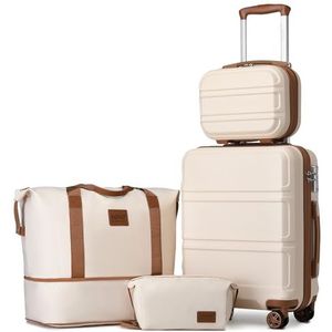 Kono Koffer Lichtgewicht ABS Hard Shell Handbagage Koffer 55cm met TSA Slot Trolley Bagage Sets van 4 Stuk Inbegrepen Weekender Tas & Toilettas voor Reizen,Wit/Bruin