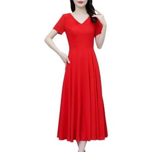 Chiffon Korte Mouw V-hals Strand Vakantie Lange Jurk Zomer Elegante Vrouwen Bodycon Solid Party Midi Vestido, Rood, M