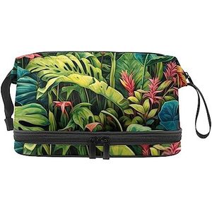Dubbele Laag Cosmetische Tas Tropische Groene Planten Draagbare Make-up Tas Reizen Organizer Pouch voor Vrouwen Meisjes Toiletartikelen Tassen, Multi 3, 27x15x14 cm/10.6x5.9x5.5 in, Make-up zakje