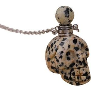 Gemstone Skull Head Perfume Bottle Pendant For Women Hand Carved Crystal Skull Figurine Essential Oil Necklace Gift (Color : Silver_Dalmation Jasper)