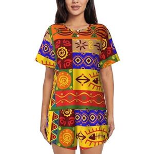 RIVETECH African National Patronen Print Dames Pyjama Set met korte mouwen - Comfortabele korte sets, mouwen nachtkleding met zakken, Zwart, L