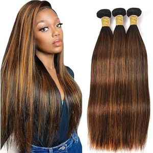 Tuheerst Straight Human Hair Bundles P430 Highlight Brown Real Hair Human Hair Extensions Sew in Hair Extension 3 Bundles Double Weft Remy Hair Low Shedding for Woman 14 14 14 Inch