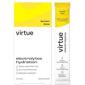 Virtue Electrolytes Hydratatiezakjes | Suikervrij | Alle 6 elektrolyten, hydraterende zouten & vitamine C (16 zakjes, Citroen-Limoen)