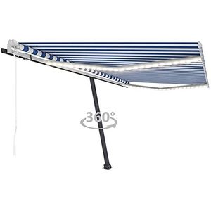 Gecheer Automatische tent met windsensor en led, 400 x 300 cm, blauw wit, intrekbare luifel, zonnezeil voor balkon, terras, buitenluifel voor buiten, zonnezeil met armen, #14