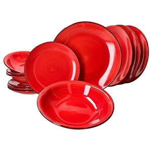 MamboCat Uni rood, 12-delige bordenset, 4 personen, aardewerk servies in rood, platte borden, soepborden en taartborden met werveldecoratie, tafelservies, diep bord en platte borden, rood