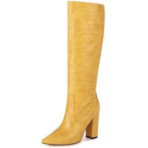 YhdtHSF 10CM Puntige Mode Dikke Hak Knie Hoge Mouw Hoge Laarzen, Plus Size Hoge Hakken, Mode Vrouwen Laarzen, Geel, 41 EU