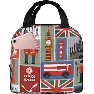 Longyiyi Unisex draagbare geïsoleerde Engeland Symbolen Print lunchtas, bento tas, geschikt voor werk, studie, picknick.