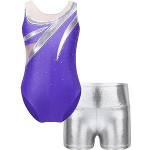 AYWTIUN Turnpakjes voor meisjes en meisjes, mouwloze gymnastiek jumpsuit shorts strass glanzend metallic ballet dansoutfits danskleding kostuum, Paars, 8 Years